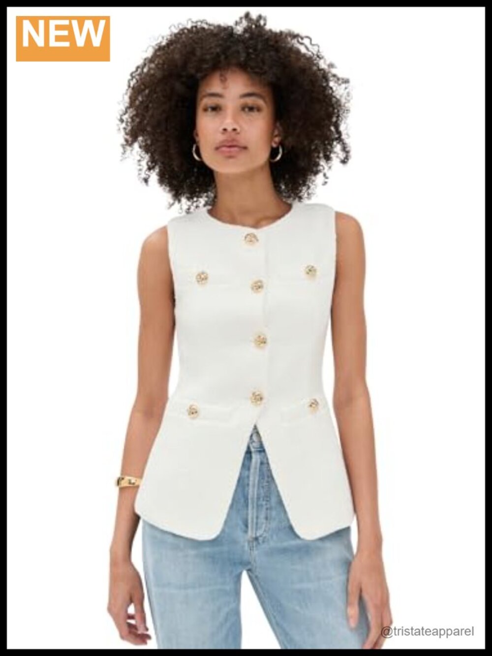 Endless Rose Women's Tweed Buttoned Long Split Top Sleeveless